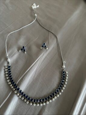 Fashion Jewelry Silver-Tone Necklace and Earrings with Navy Blue Accents